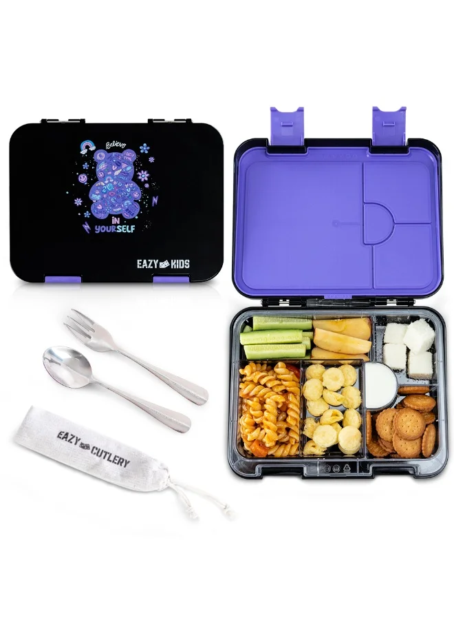 Eazy Kids Eazy Kids 6 & 4 Convertible Bento Lunch Box w/Steel Spoon & Fork Set - Teddy Black