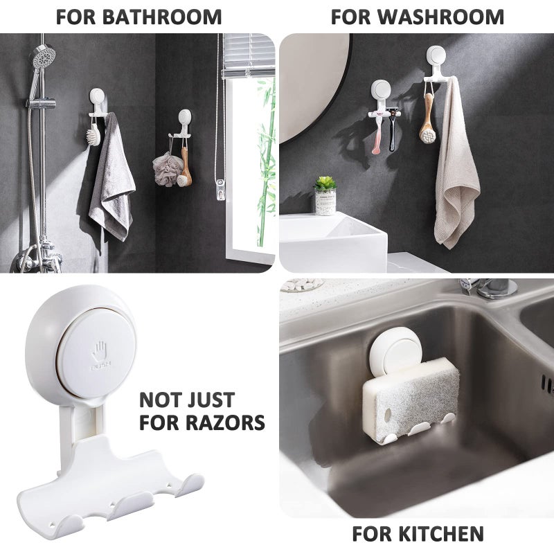 LEVERLOC Razor Holder for Shower 2 Pack, Powerful Suction Cup Shower Hooks for Towel, Loofah, Razor, Squeegee, Damage-Free Wall Hooks, Shaver Holder for Bathroom, Easy to Install and Reuse, White - Image 5