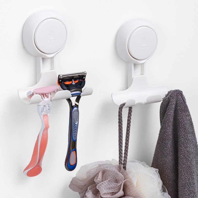 LEVERLOC Razor Holder for Shower 2 Pack, Powerful Suction Cup Shower Hooks for Towel, Loofah, Razor, Squeegee, Damage-Free Wall Hooks, Shaver Holder for Bathroom, Easy to Install and Reuse, White - Image 1