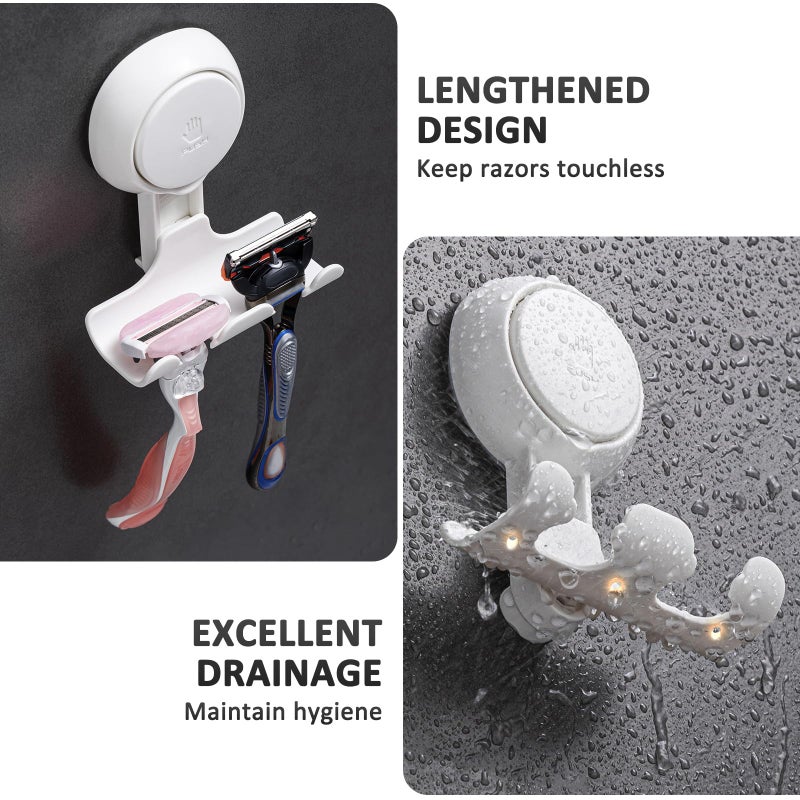 LEVERLOC Razor Holder for Shower 2 Pack, Powerful Suction Cup Shower Hooks for Towel, Loofah, Razor, Squeegee, Damage-Free Wall Hooks, Shaver Holder for Bathroom, Easy to Install and Reuse, White - Image 4