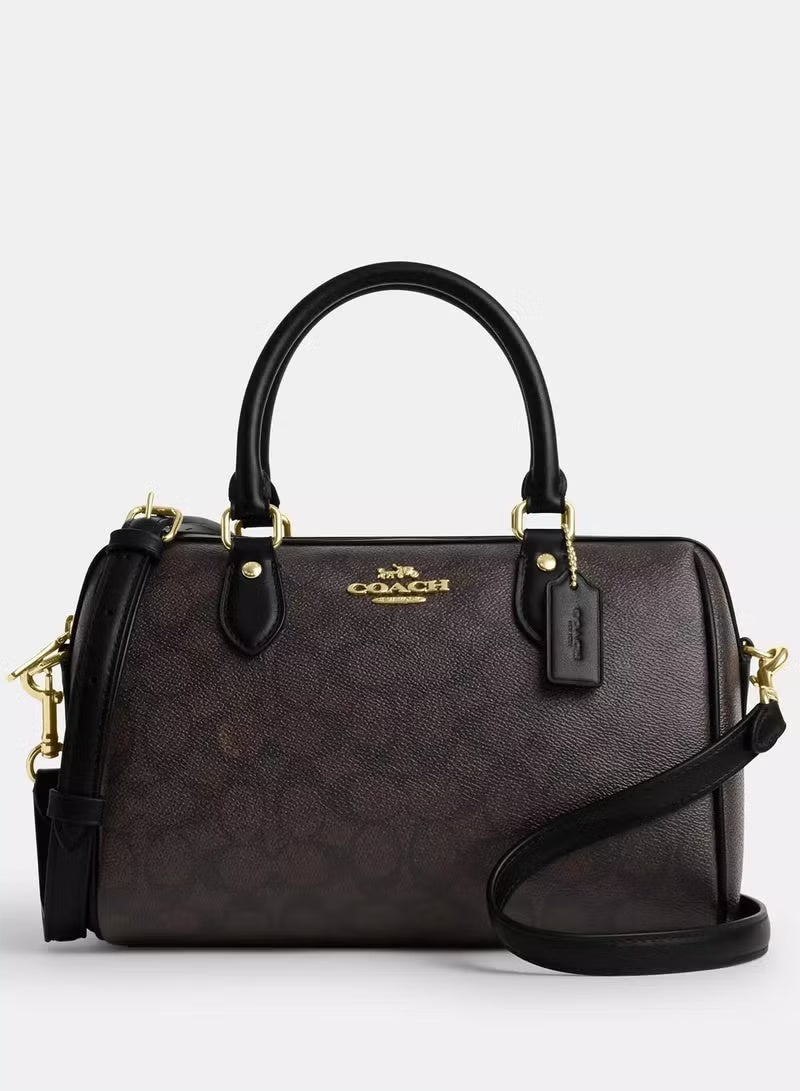 coachoutlet Rowan Satchel Bag In Signature Canvas, Women's Tote Bag, Women's Shoulder Bag, Women's Hand Bag, Women's Travel Bag, Walnut-Black - Image 1