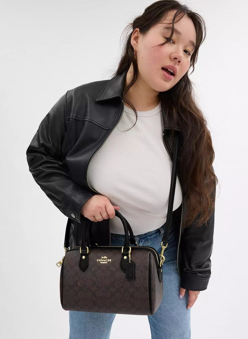 coachoutlet Rowan Satchel Bag In Signature Canvas, Women's Tote Bag, Women's Shoulder Bag, Women's Hand Bag, Women's Travel Bag, Walnut-Black - Image 4