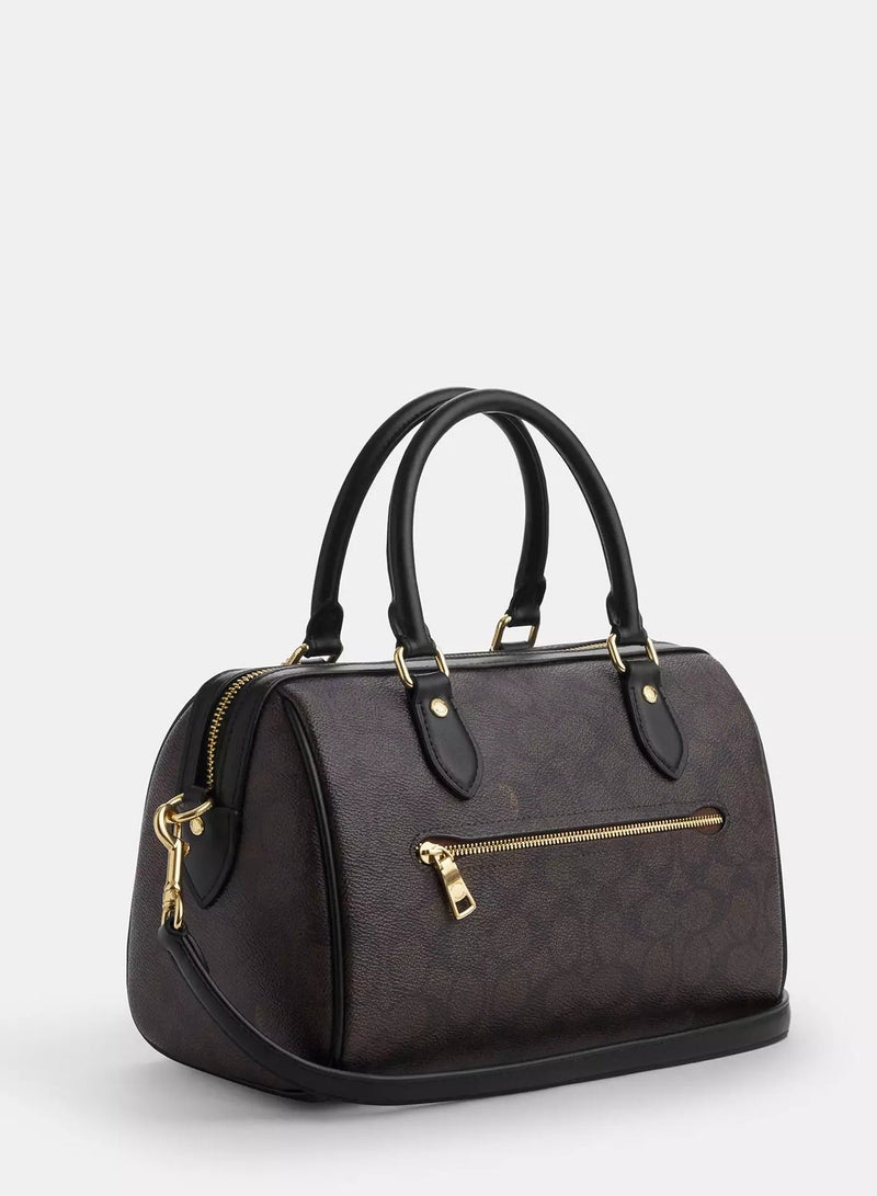 coachoutlet Rowan Satchel Bag In Signature Canvas, Women's Tote Bag, Women's Shoulder Bag, Women's Hand Bag, Women's Travel Bag, Walnut-Black - Image 2