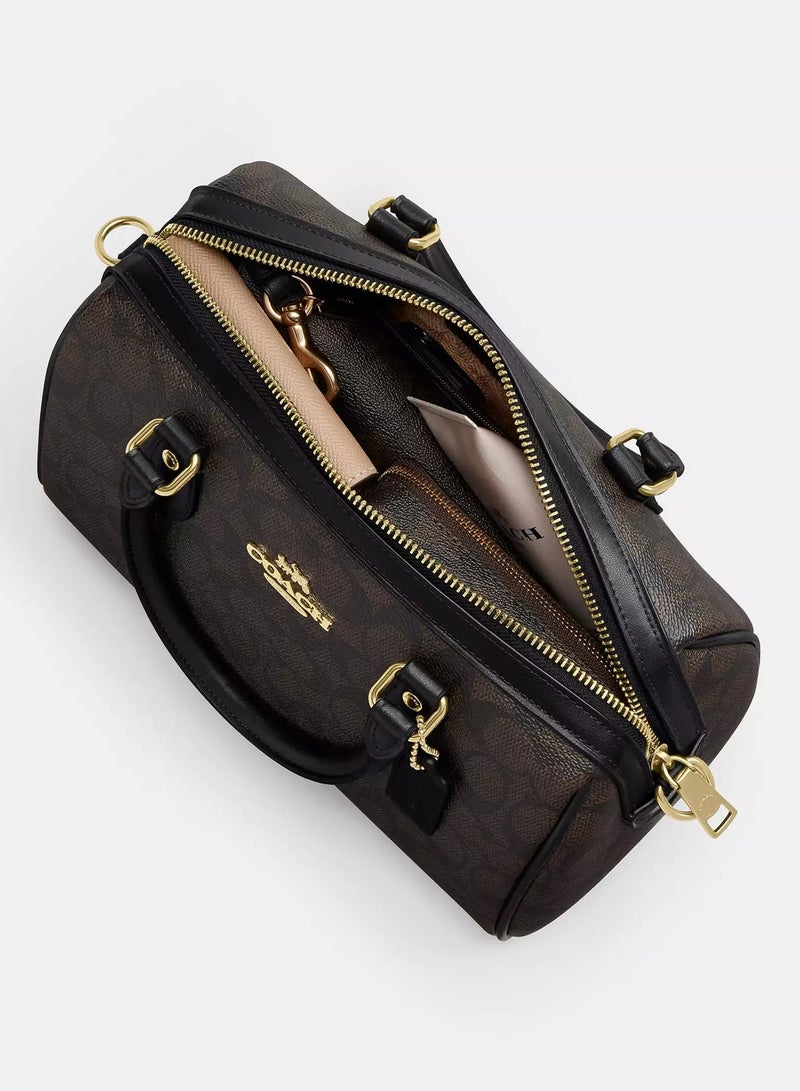coachoutlet Rowan Satchel Bag In Signature Canvas, Women's Tote Bag, Women's Shoulder Bag, Women's Hand Bag, Women's Travel Bag, Walnut-Black - Image 3