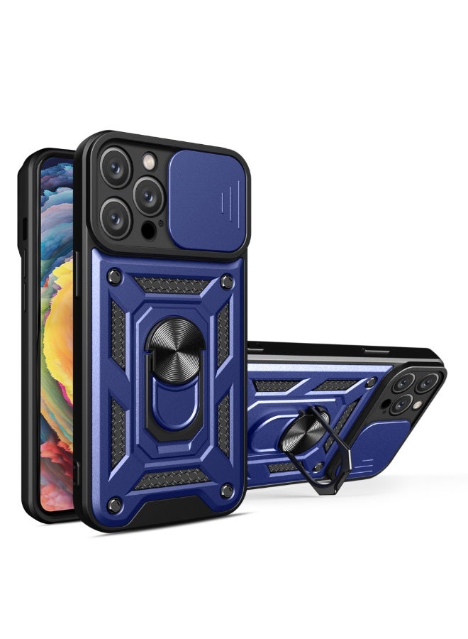 Shunjia Sliding Window Case, Shockproof Rugged Armor with Sliding Camera Cover & 360° Ring Kickstand, Compatible with Apple iPhone 14 Pro Max (Blue)