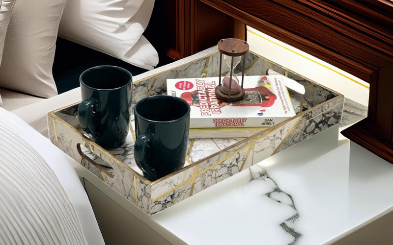 Lavishio | Premium White Grey Golden Tray | Wooden Serving Tray for Tea, Coffee, Kitchen & Dining Table Decor | Handmade Tray for Snacks, Food, Resin-Like Finish | Elegant Rectangular MDF Tray - Image 4