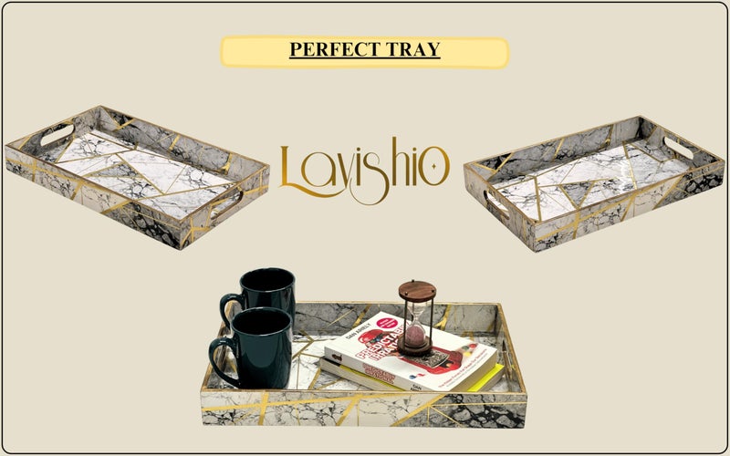 Lavishio | Premium White Grey Golden Tray | Wooden Serving Tray for Tea, Coffee, Kitchen & Dining Table Decor | Handmade Tray for Snacks, Food, Resin-Like Finish | Elegant Rectangular MDF Tray - Image 5