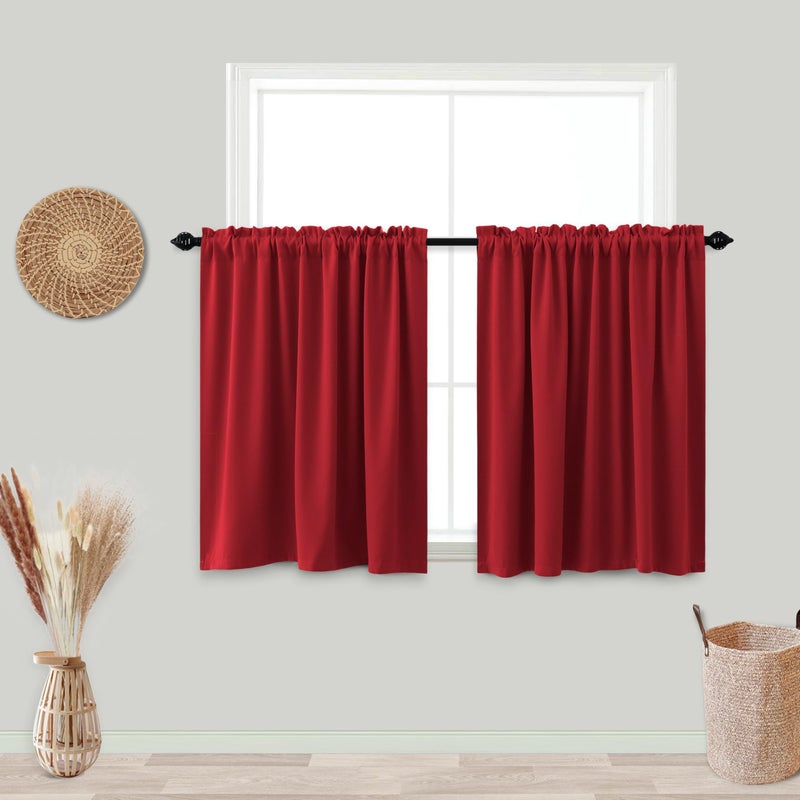 KOUFALL KOUFALL Red Kitchen Curtains 24 Inch Length Winter Insulated Thermal Blackout Tier Short Cafe Curtains for Bathroom Small Windows