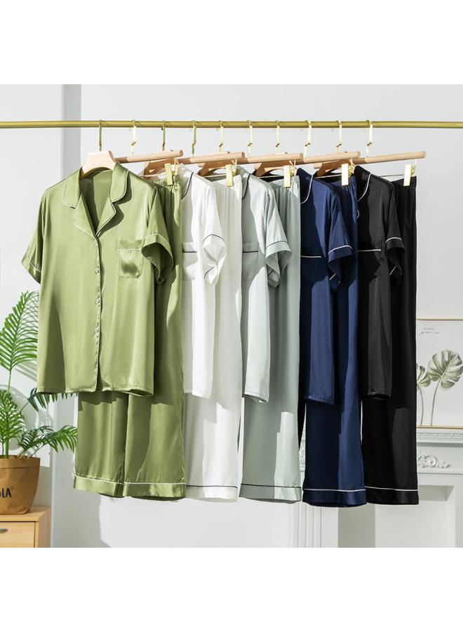 VUELO Stretch Plain Crepe Satin Silk Mulberry Silk Pajamas Women's Suit Summer Basic Home Clothes Short-sleeved Trousers Plus Size Light Luxury - Image 3
