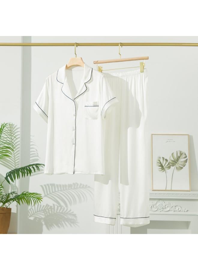VUELO Stretch Plain Crepe Satin Silk Mulberry Silk Pajamas Women's Suit Summer Basic Home Clothes Short-sleeved Trousers Plus Size Light Luxury - Image 1
