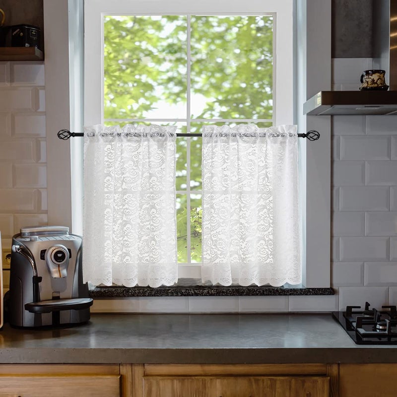 ALIGOGO White Cafe Curtains 24 inch Length Sets of 2 Chic Floral Lace Small Curtains for Camper Windows Basement Panels 2 Foot 26 W x 24 L Inch - Image 1