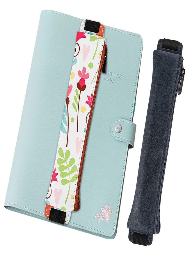 MoKo Pencil Case (2 Pack), PU Leather Pen Pencil Pouch Holder Stationery Zipper Bag with Elastic Strap for Pens, Pencils, Markers, Eraser - Printing & Dark Blue - Image 1