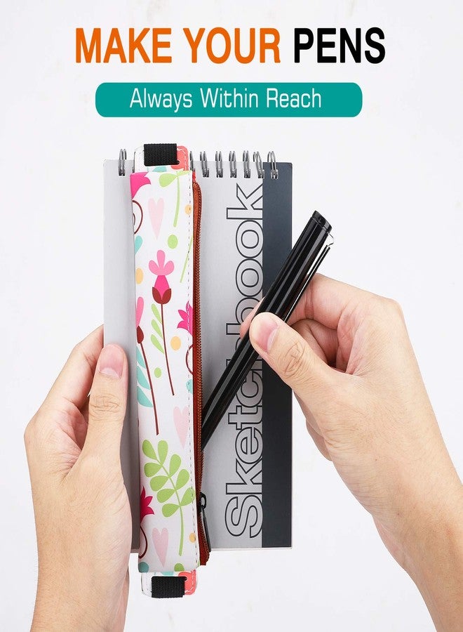 MoKo Pencil Case (2 Pack), PU Leather Pen Pencil Pouch Holder Stationery Zipper Bag with Elastic Strap for Pens, Pencils, Markers, Eraser - Printing & Dark Blue - Image 2