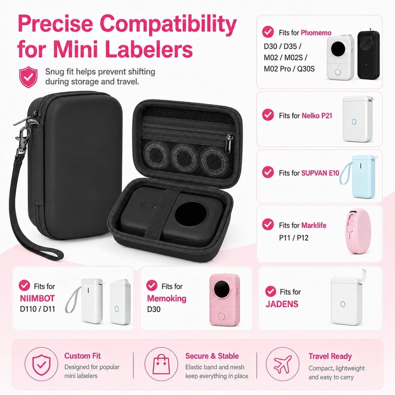 بايول حافظة متوافقة مع Phomemo D30 D35 M02/ M02S لطابعة الملصقات NELKO، ولـ NIIMBOT ولـ JADENS ولـ Memoking ولـ SUPVAN، حاملة تخزين ملصقات ولفات ورق شريط (الصندوق فقط) (أسود كامل) - Image 2