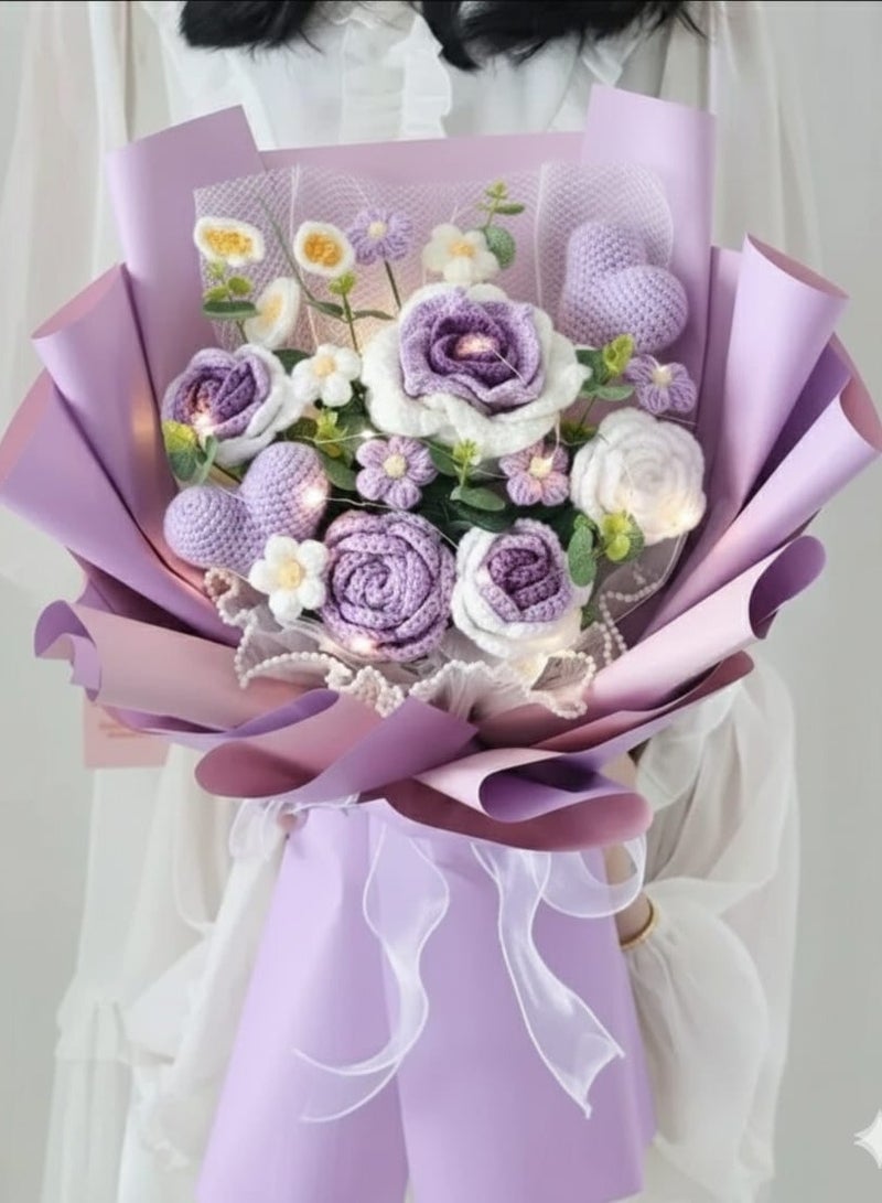 i diD New Creative Handmade Knitting Large Bouquet Flowers Cotton Crochet Flowers with LED Lights in Clear Bag, Suitable for valantine's Day ,Wedding , Birthday, Mother's Day, Women's Day, All Events - Image 1