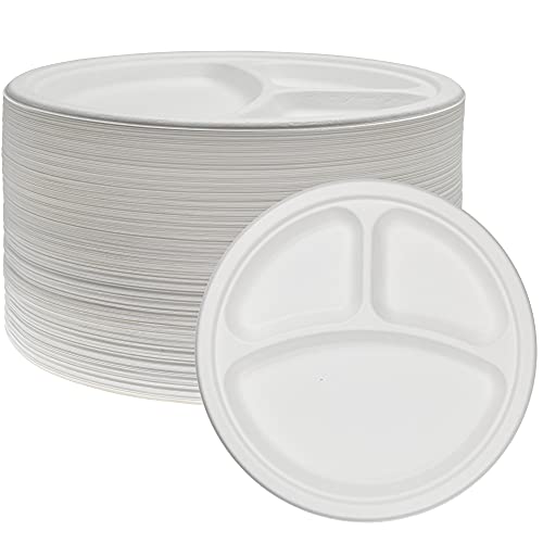 NYHI Heavy Duty Compartment Plates | 9 inch Disposable 3 Compartment Divided Plates For Adults & Kids | White Eco Friendly Sugarcane Paper Plate Are Cut & Leak Resistant | 125 Pack (3 Compartment) - Image 1