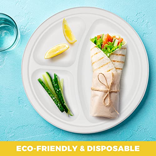 NYHI Heavy Duty Compartment Plates | 9 inch Disposable 3 Compartment Divided Plates For Adults & Kids | White Eco Friendly Sugarcane Paper Plate Are Cut & Leak Resistant | 125 Pack (3 Compartment) - Image 3