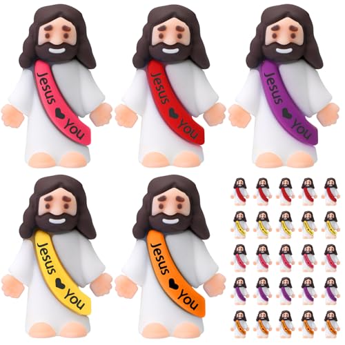 Bememo 25 Pcs Little Jesus Figures Mini Jesus Loves You Figures Original Design Multicolor Tiny Easter Figurines to Hide and Seek Religious Gifts for Easter Egg StuffersBright Color - Image 1