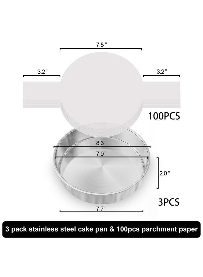 AWTBDP 8 Inch Round Cake Pans Set of 3, Nonstick Stainless Steel Baking Pans Set with 100PCS Parchment Papers, Durable Birthday Christmas Circle Layer Cake Pans, Cake Pans Sets for Baking, Dishwasher Safe - Image 2