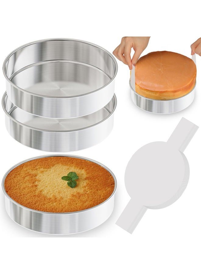 AWTBDP 8 Inch Round Cake Pans Set of 3, Nonstick Stainless Steel Baking Pans Set with 100PCS Parchment Papers, Durable Birthday Christmas Circle Layer Cake Pans, Cake Pans Sets for Baking, Dishwasher Safe - Image 1