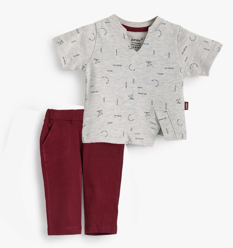 Junior Baby Boys T-Shirt and Trousers Set, Grey/Burgundy code 1283