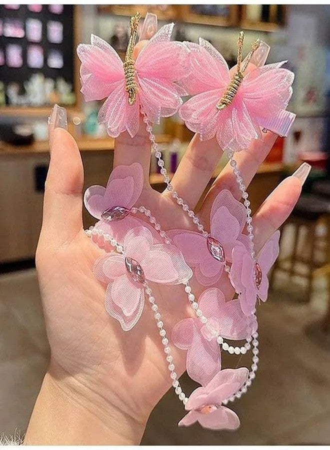 EvoNest 2 Pcs Butterfly & Pearl Long Tail Hair Clips for Girls, Kids Beautiful Hair Accessories (Free Size) - Pink - Image 3