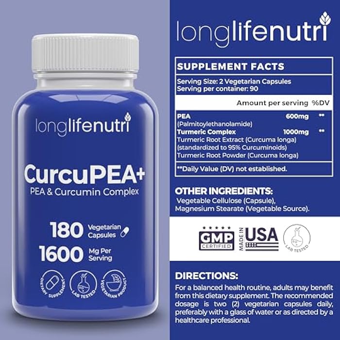 LongLifeNutri CurcuPEA+ (Palmitoylethanolamide + Turmeric Complex 600mg/1000mg) – Derived from Curcumin Longa, 180 Vegetarian Capsules, Natural Antioxidant, 3-Month Supply, GMP Certified, Vegan, Made in USA - Image 2