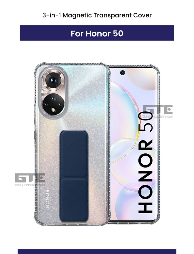 3-in-1 Magnetic Transparent Wrist Strap Hand Grip Stand Back Case Cover for Honor 50 5G, Finger Grip Soft Cover,Stand Holder TPU Case,Kickstand-Clear/Navy Blue