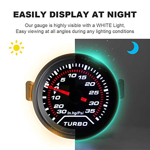 WATERWICH 35 PSI Turbo Boost/Vacuum Gauge Meter Kit Includes Mechanical Hose & T-Fitting - Black Dial - Clear Lens 2" 52mm 12V Universal for Car Truck - Image 4