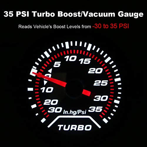 WATERWICH 35 PSI Turbo Boost/Vacuum Gauge Meter Kit Includes Mechanical Hose & T-Fitting - Black Dial - Clear Lens 2" 52mm 12V Universal for Car Truck - Image 2