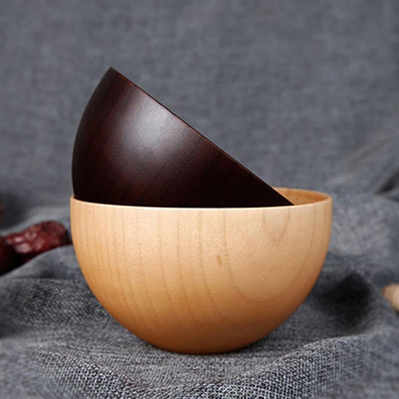 Wooden Soup Bowls Set 2pcs Small Flat Bottom Natural Coffee Tone For Rice Noodle Fruit Serving - Image 5