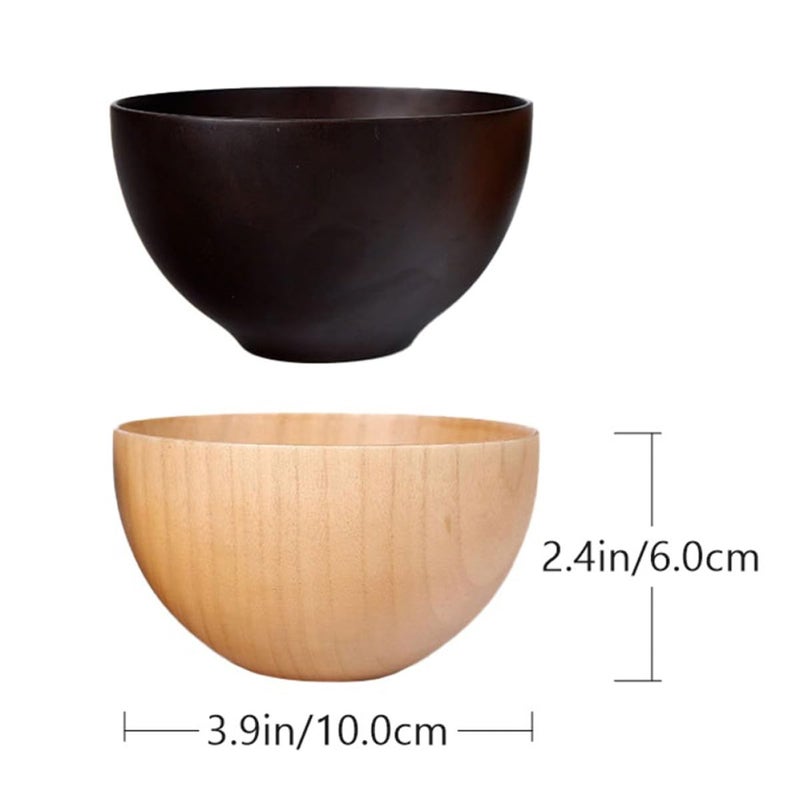 Wooden Soup Bowls Set 2pcs Small Flat Bottom Natural Coffee Tone For Rice Noodle Fruit Serving - Image 3