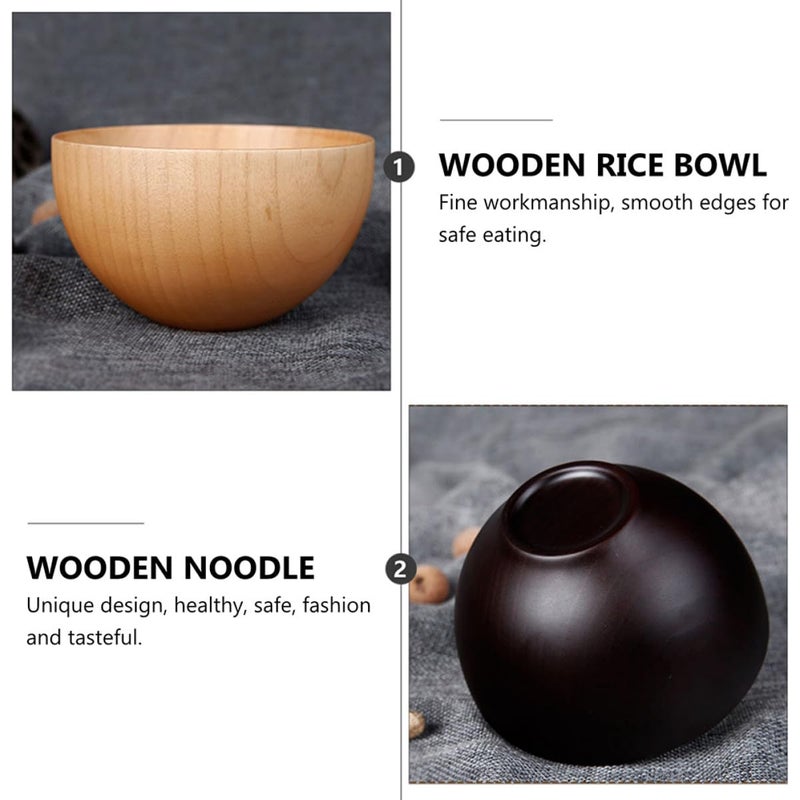 Wooden Soup Bowls Set 2pcs Small Flat Bottom Natural Coffee Tone For Rice Noodle Fruit Serving - Image 4