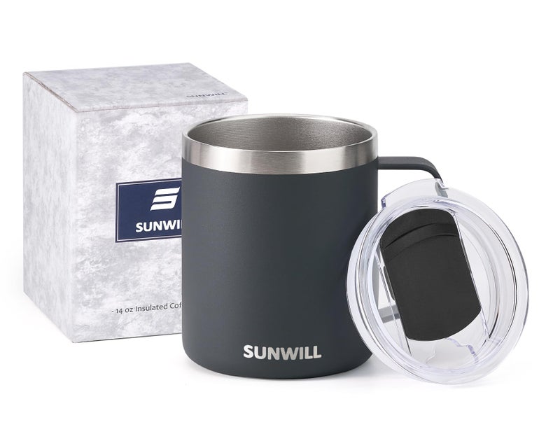 SUNWILL SUNWILL Travel Coffee Mug with Lid  Stainless Steel Coffee Mug  14oz Reusable Insulated Cup with Handle for Home  Office  Camping  Powder Coated Charcoal - Image 5