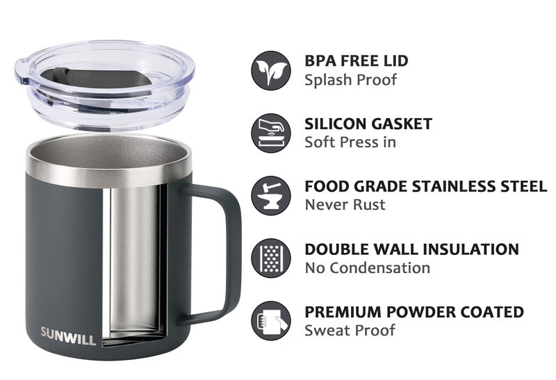 SUNWILL SUNWILL Travel Coffee Mug with Lid  Stainless Steel Coffee Mug  14oz Reusable Insulated Cup with Handle for Home  Office  Camping  Powder Coated Charcoal - Image 2