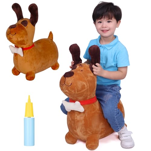 INPANY Bouncy Horse Brown Dog Hopper Toy Toddler Plush Bouncing Animal Inflatable Jumping Buddies Ride on Animal Bouncer Outdoor Indoor Birthday Gift for 2 3 4 Year Old Girl Boy - Image 1