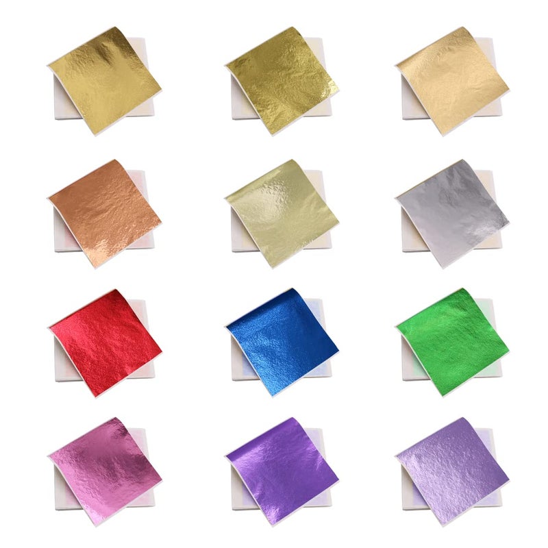 KINNO 12 Colors Imitation Gold Leaf Sheets Multi-Color Gold Leaf Paper - 600 Pieces for Arts Decoration, DIY Crafts, Furniture, Nails, Paintings 3.15 by 3.35 Inches - Image 1