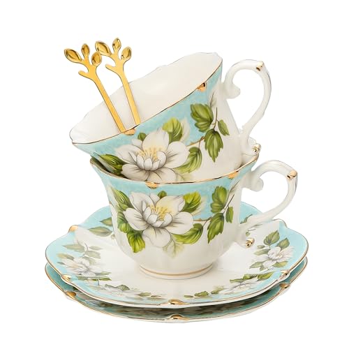 TATSUMI Country Roses Bone China Tea Cup and Saucer Set, 6 Pieces, Vintage Style, For Women and Tea Parties(Light Green, 2 sets) - Image 1