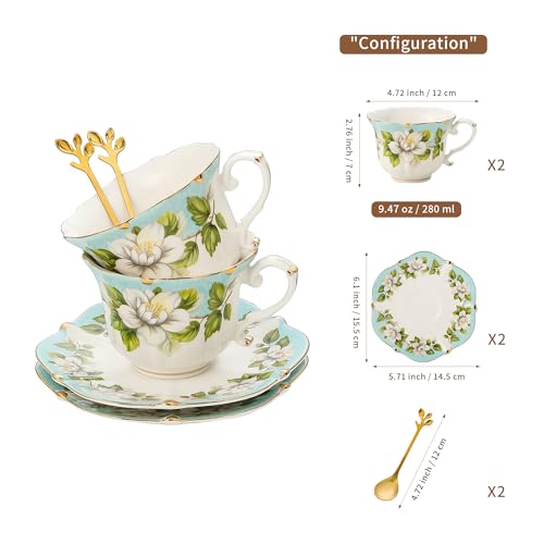 TATSUMI Country Roses Bone China Tea Cup and Saucer Set, 6 Pieces, Vintage Style, For Women and Tea Parties(Light Green, 2 sets) - Image 2