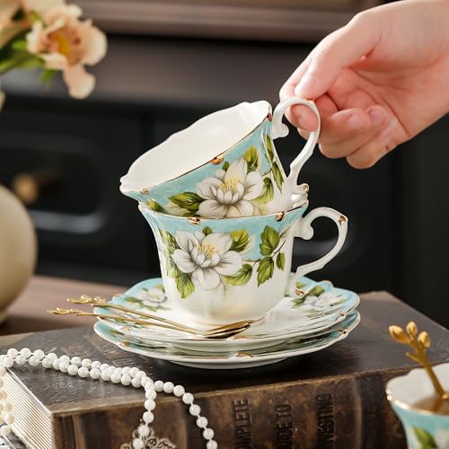 TATSUMI Country Roses Bone China Tea Cup and Saucer Set, 6 Pieces, Vintage Style, For Women and Tea Parties(Light Green, 2 sets) - Image 5