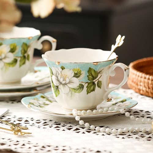 TATSUMI Country Roses Bone China Tea Cup and Saucer Set, 6 Pieces, Vintage Style, For Women and Tea Parties(Light Green, 2 sets) - Image 4