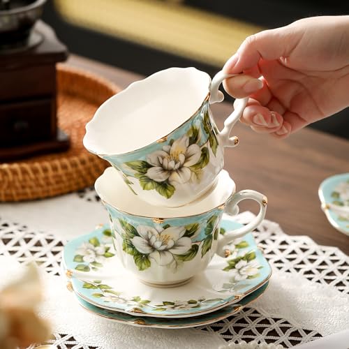 TATSUMI Country Roses Bone China Tea Cup and Saucer Set, 6 Pieces, Vintage Style, For Women and Tea Parties(Light Green, 2 sets) - Image 3
