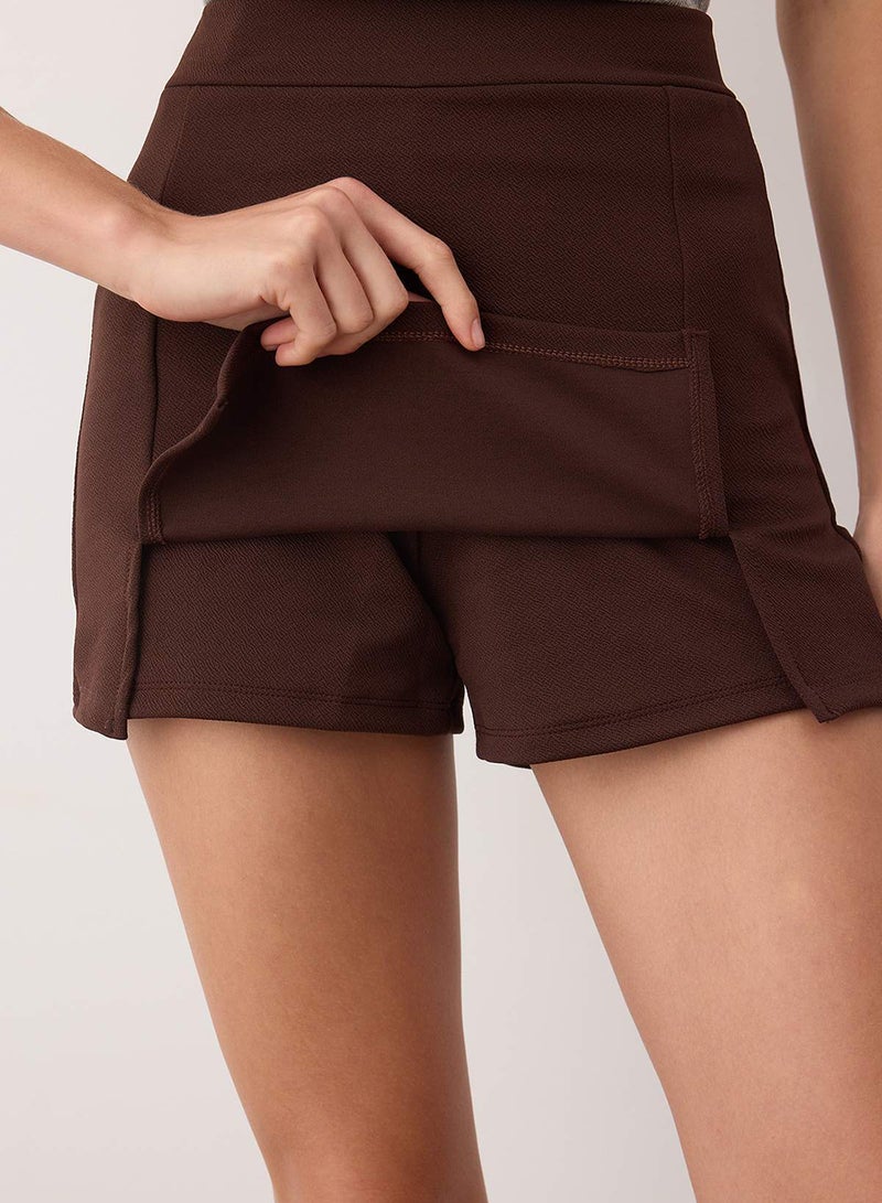 trendyol Dark Brown Slit ALine/BellBottomed Stretchy Knitted Mini Shorts Skirt - Image 5