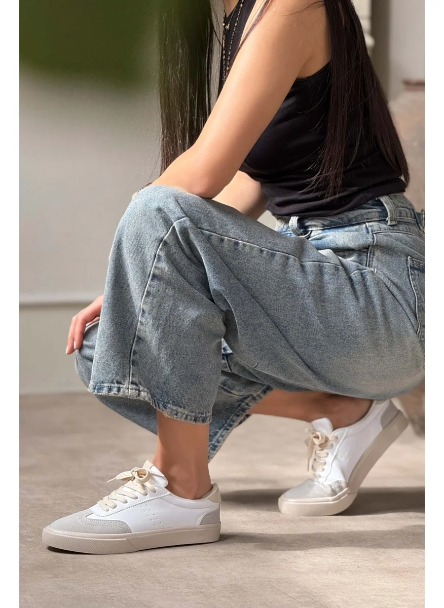 Nişantaşı Shoes Brooke White Matte Gray Suede Detailed Flat Sole Women's Lace-Up Sports Shoes