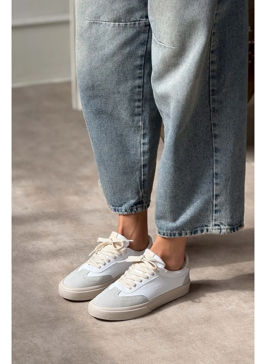 Nişantaşı Shoes Brooke White Matte Gray Suede Detailed Flat Sole Women's Lace-Up Sports Shoes