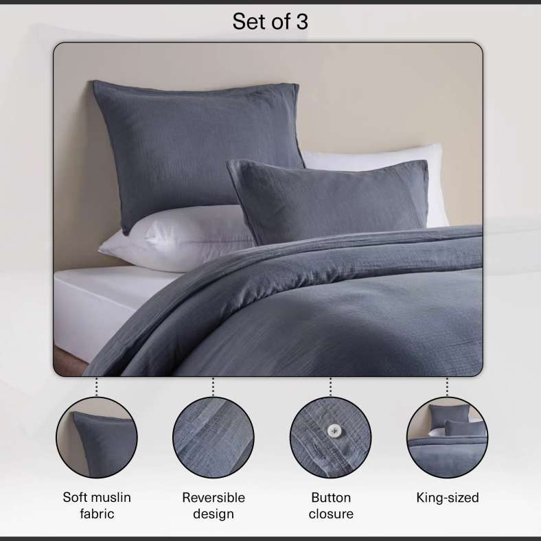 Pan Home طقم غطاء لحاف من موسلين ناعم كريمي 3 قطع للسرير الملكي - Image 5