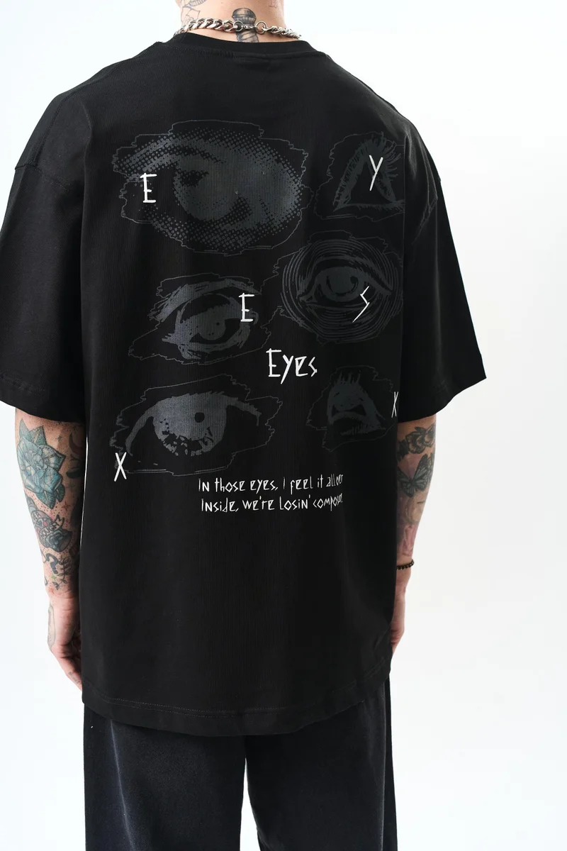 ريسباير تي شيرت رجالي مقاس كبير (Oversize) بطبعة "Eyes"، أسود