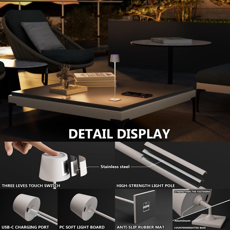 Timjorman Compact Cordless Table Lamp, Rechargeable LED Night Light, Dual Light Source (RGB Top & Warm Bottom), Touch Control & Timer, Metal Lamp for Bedroom & Kids Room (Greige 1PACK) - Image 3
