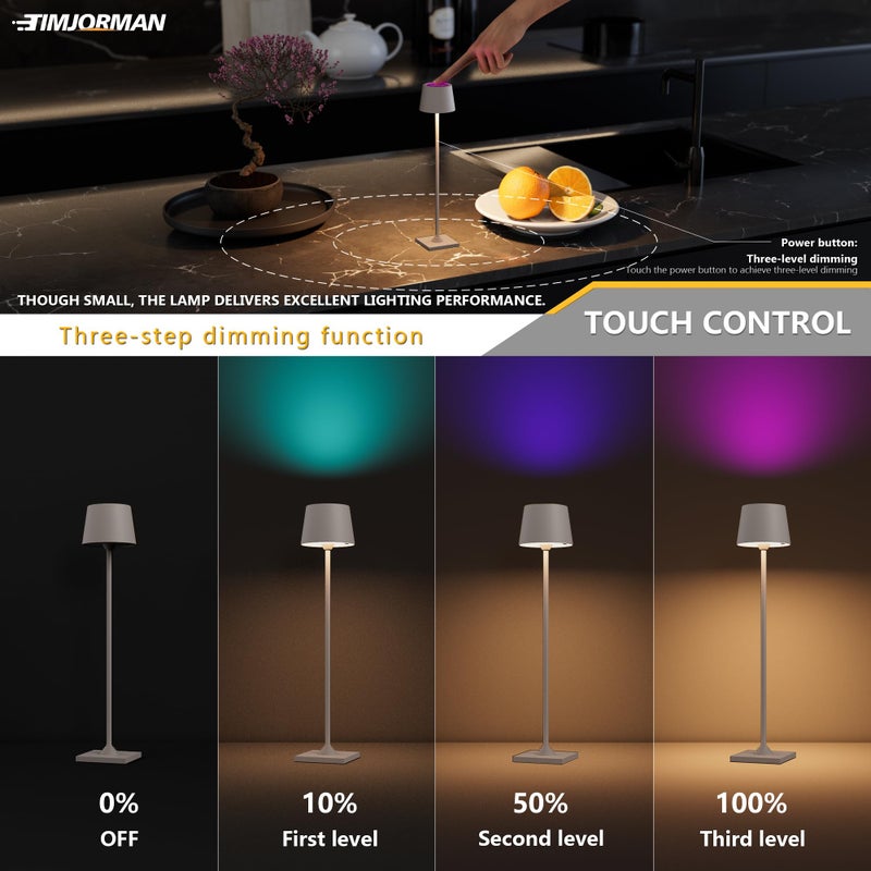Timjorman Compact Cordless Table Lamp, Rechargeable LED Night Light, Dual Light Source (RGB Top & Warm Bottom), Touch Control & Timer, Metal Lamp for Bedroom & Kids Room (Greige 1PACK) - Image 4