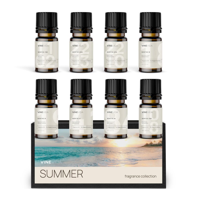 VINEVIDA [Set of 8] Summer Scents for Candle Making, Essential Oils Summer, Made in USA Candle Fragrance Oil, Soap Making Essential Oils, Diffuser Oil Scents - Image 1